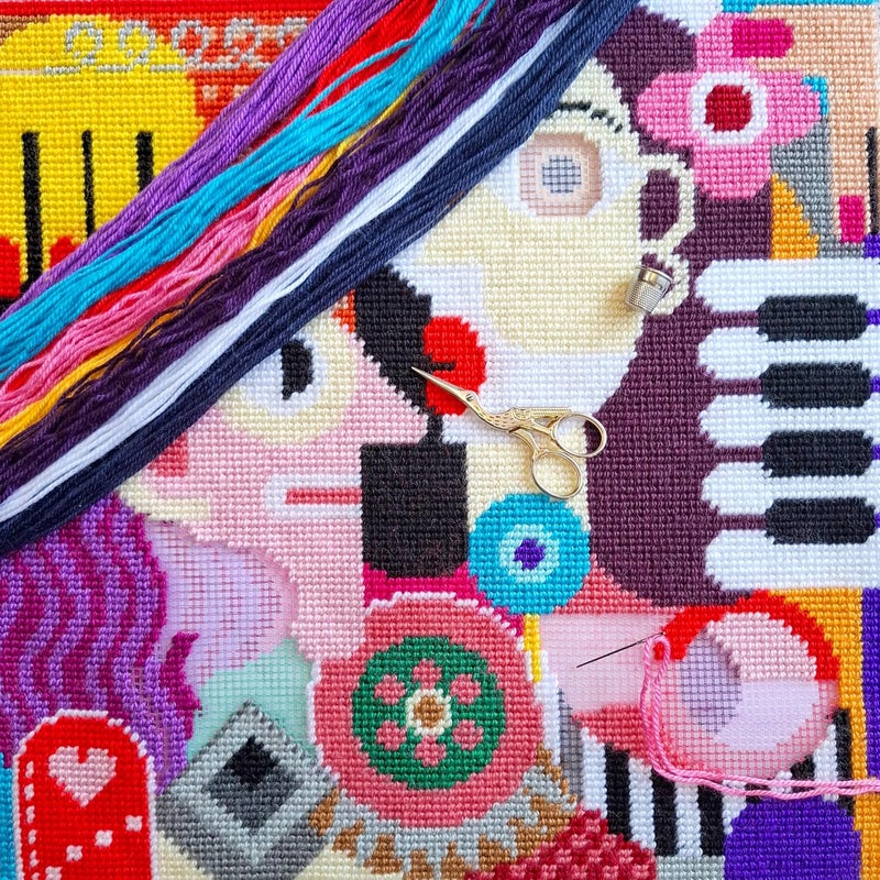 Brvsk Abstract Stamped Cross-Stitch Kit for Adults and Beginners — Vivid Women in Abstract 16″ × 16″ with Clear, Precise Printed Design on Cotton Canvas; Includes 2 Needles, Yarn, and Easy-Read Chart - Image 2